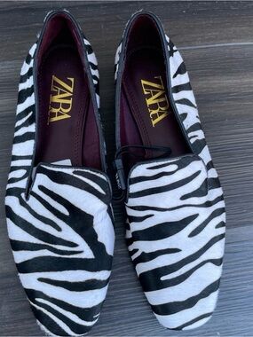 Zara Black & White Zebra-Print Slip-On Loafers